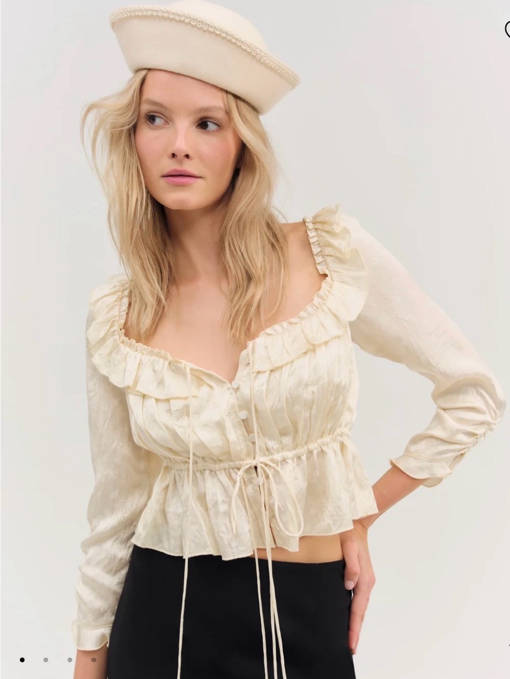 $179 New For Love And Lemons “Clarissa” Ruffle-Trim Top in Cream Sz Small